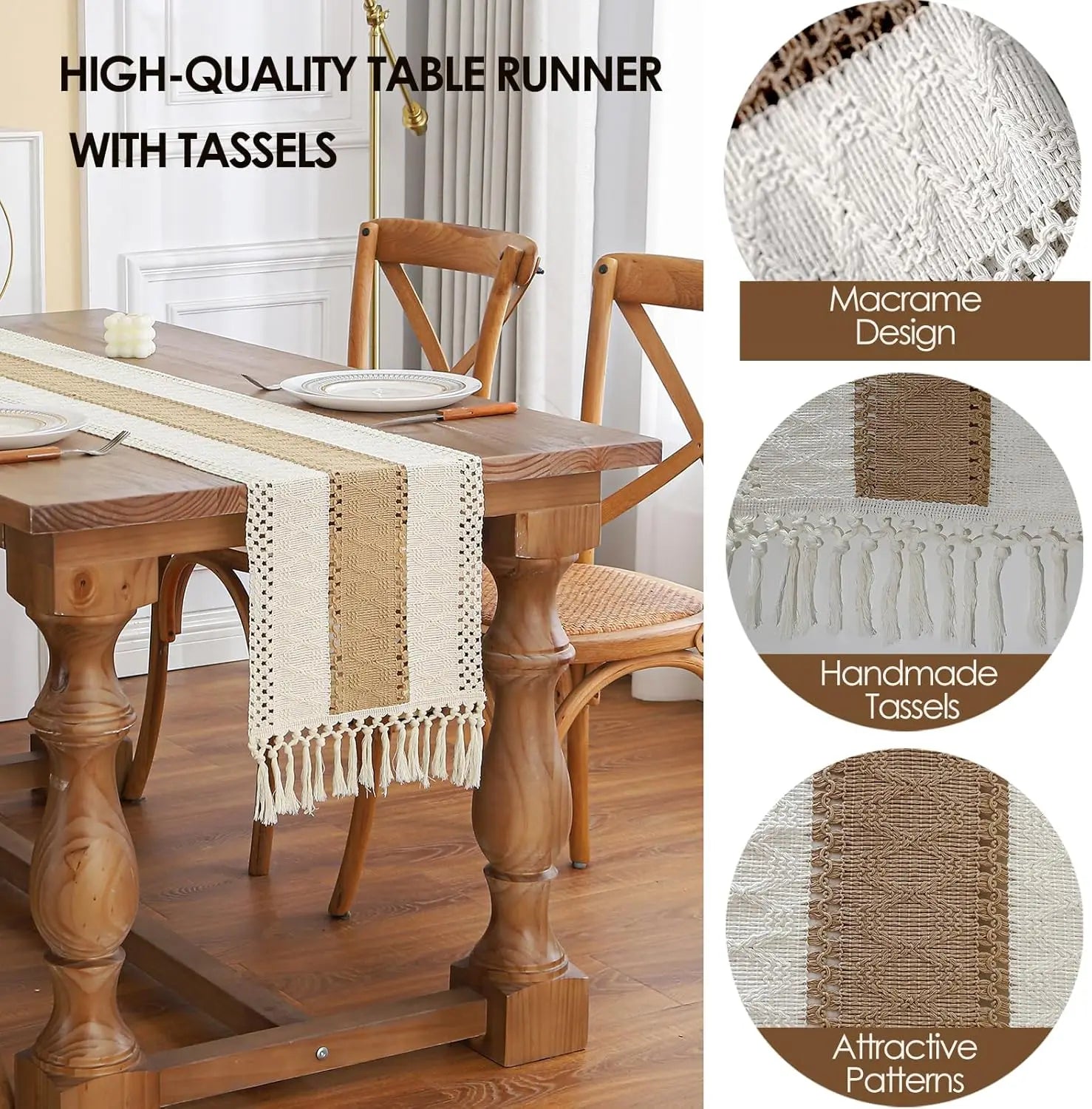 Boho Farmhouse Linen Table Runner with Tassels - Smarsty