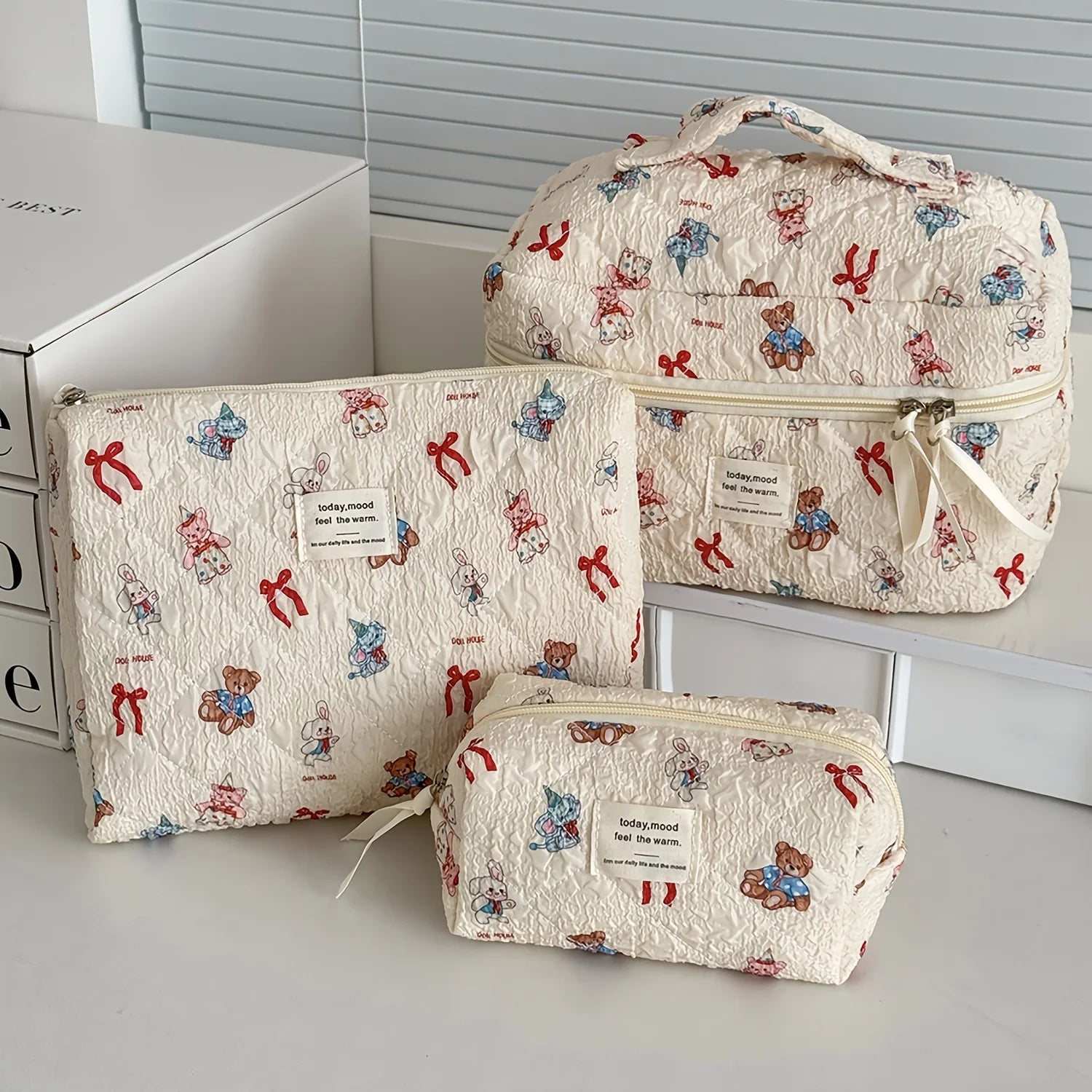 1pcs Cute Quilted Cotton Makeup Bag Women Zipper Cosmetic Organizer Cloth Handbag Box Shape Portable Toiletry Case for Girls - Smarsty