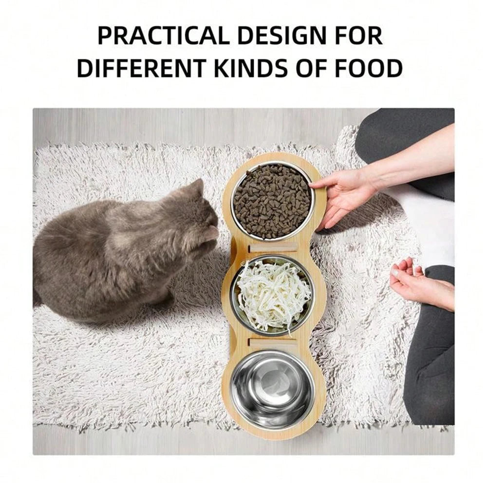 Tilted Raised Cat Feeder with Three Stainless Steel Bowls - Smarsty