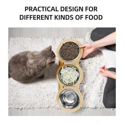 Tilted Raised Cat Feeder with Three Stainless Steel Bowls - Smarsty