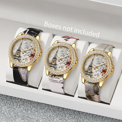 Fashion Rhinestone Women's Quartz Watch Set with Floral Design - Smarsty