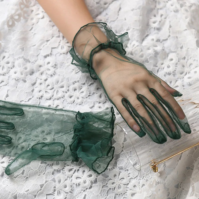 Women Lace Tulle Gloves Stretchy Full Finger Wedding Gloves - Smarsty