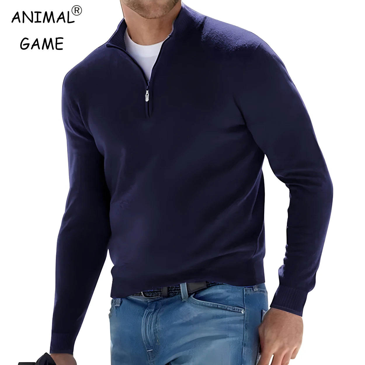 New Men's Long Sleeve Pullover Solid Color Half Zipper Sweaters V-neck Knitted Sweater Men Oversized Breathable Streetwear - Smarsty