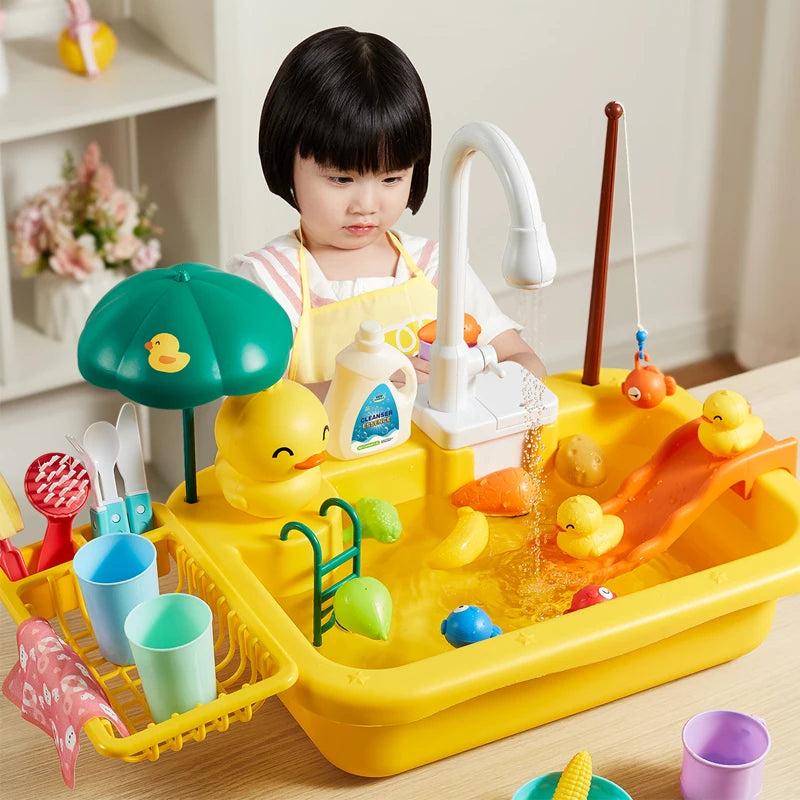 Kids Kitchen Sink Toys Electric Dishwasher Playing Toy With Running Water Pretend Play Food Fishing Toy Role Playing Girls Gift by Smarsty