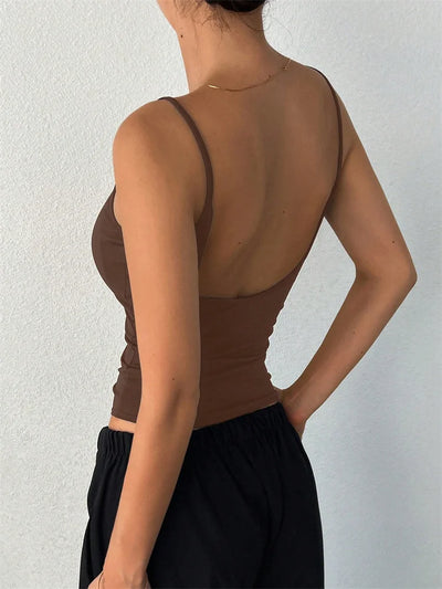 Women Backless Cami Crop Top Summer Solid Color Casual Sleeveless Top Streetwear Y2K Clothes - Smarsty