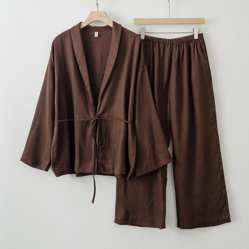 2025 Summer Women Linen Kimono Blouse Pants sets - Smarsty