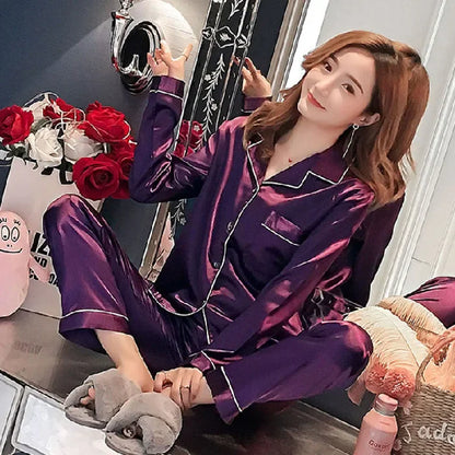 Plus Size Autumn and Winter Silk Pajamas Women Tops and Pants Solid Casual Soft Nightwear Buttons Cardigan Sleepwear Homewear - Smarsty
