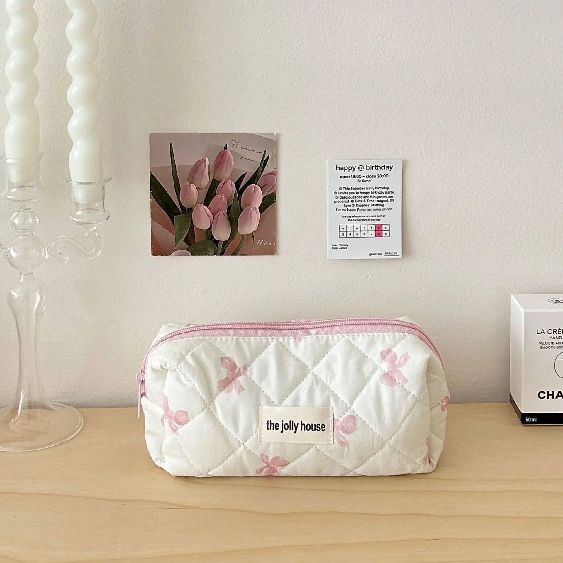 Cute Bow Flower Quilted Cotton Makeup Bag With Zipper - Smarsty