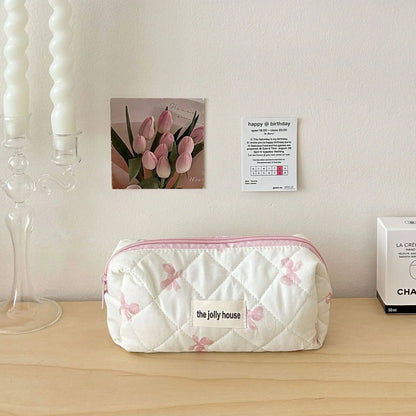 Cute Bow Flower Quilted Cotton Makeup Bag With Zipper - Smarsty