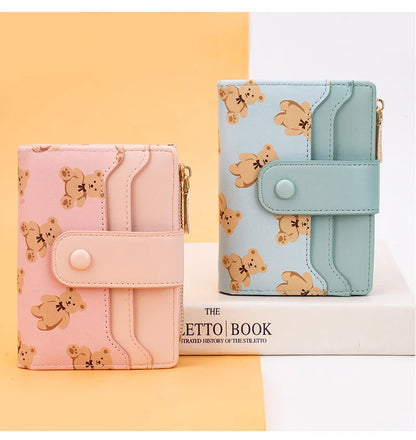 Women Short Wallets PU Leather Female Bifold Purses Cute Bear Card Holder Wallet for Girl Small Zipper Wallet with Coin Purse - Smarsty