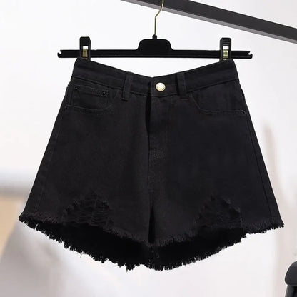 Summer Women's Cowboy Shorts Korean High Waist Casual Denim Shorts Pocket Tassel Perforated Ripped Holes Y2K Girls White Jeans - Smarsty
