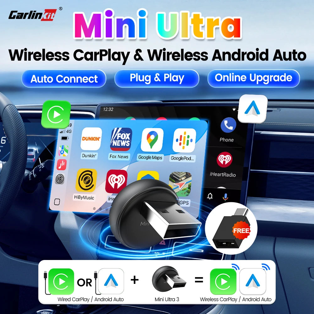 2025 CarlinKit 5.0 Mini Ultra 3 CarPlay Android Auto Wireless Adapter 2.4G&5.8GHz WiFi BLE OTA Upgrade For OEM Car Plug and Play