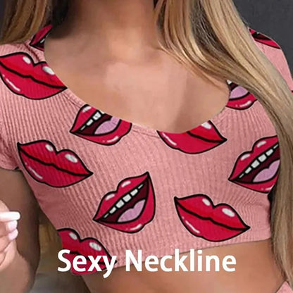 Summer Short Sexy Casual Lips Print Female Sleepwear Suit Pajamas Top+Pants Skinng Women Homewear Underwear - Smarsty