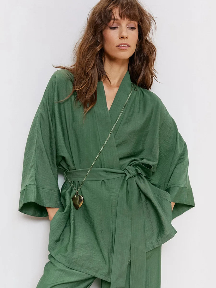 Mozuleva Women's Long Sleeved Pajama Set New Autumn Green Lace Up Pajamas Loose Pants Leisure Home Clothing 2-piece Set - Smarsty