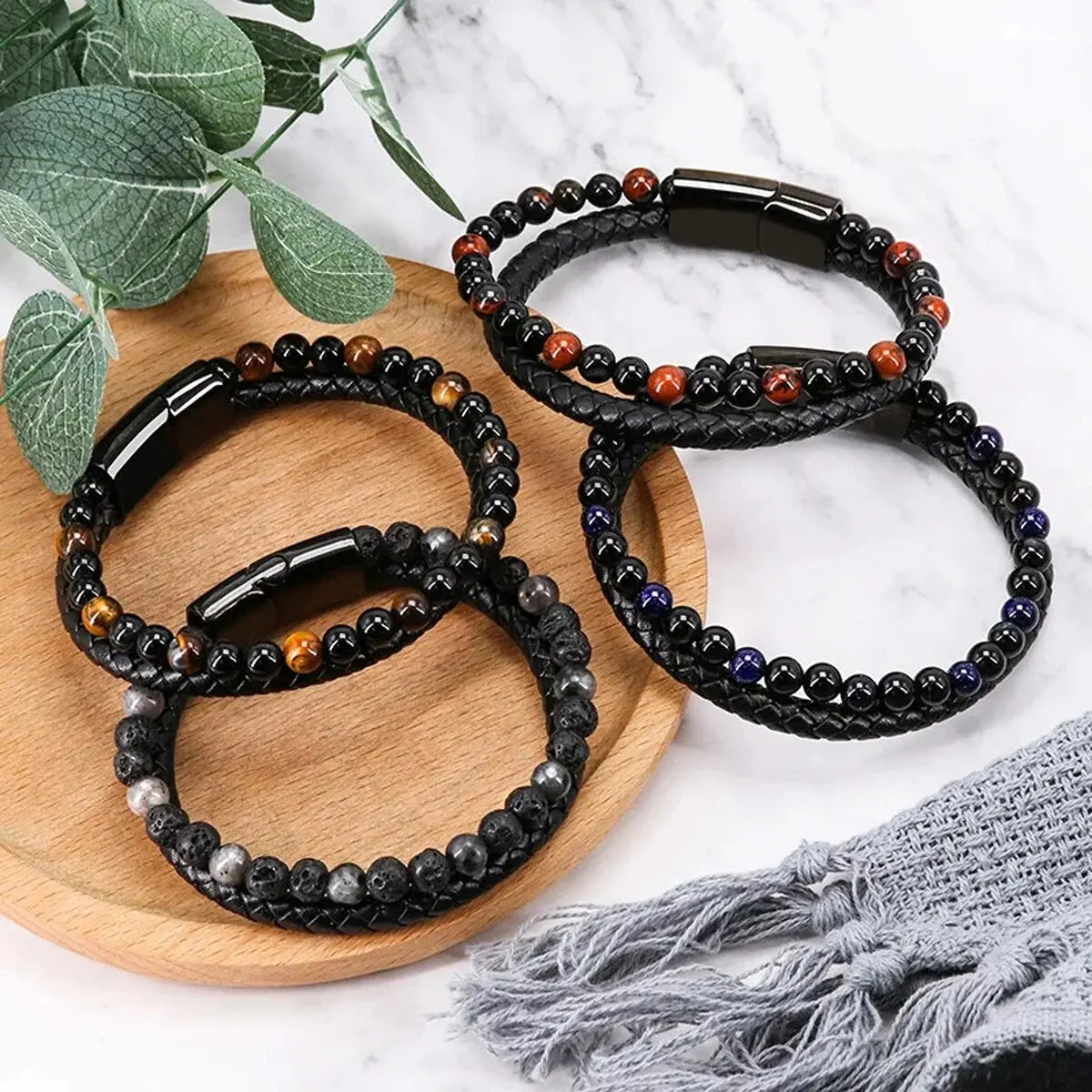 Natural Stone Leather Bracelet with Tiger Eye Beads - Smarsty