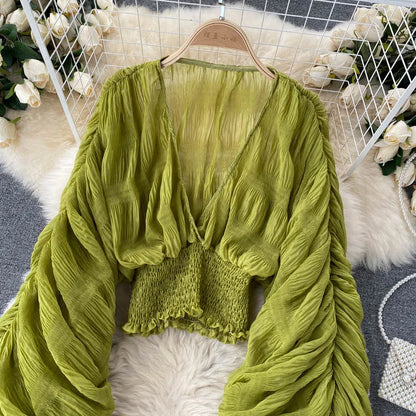 Women Sexy Chiffon Short Blouse Female See Through Super Long Sleeve Blusas Purple/Green/Black/White Folds Party Tops 2022 New - Smarsty
