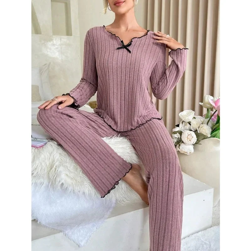 Women Autumn Winter Sleepwear Ribbed Pajamas Set Long Sleeve Top and Long Pants 2 Piece Set Casual Homewear Loungewear - Smarsty