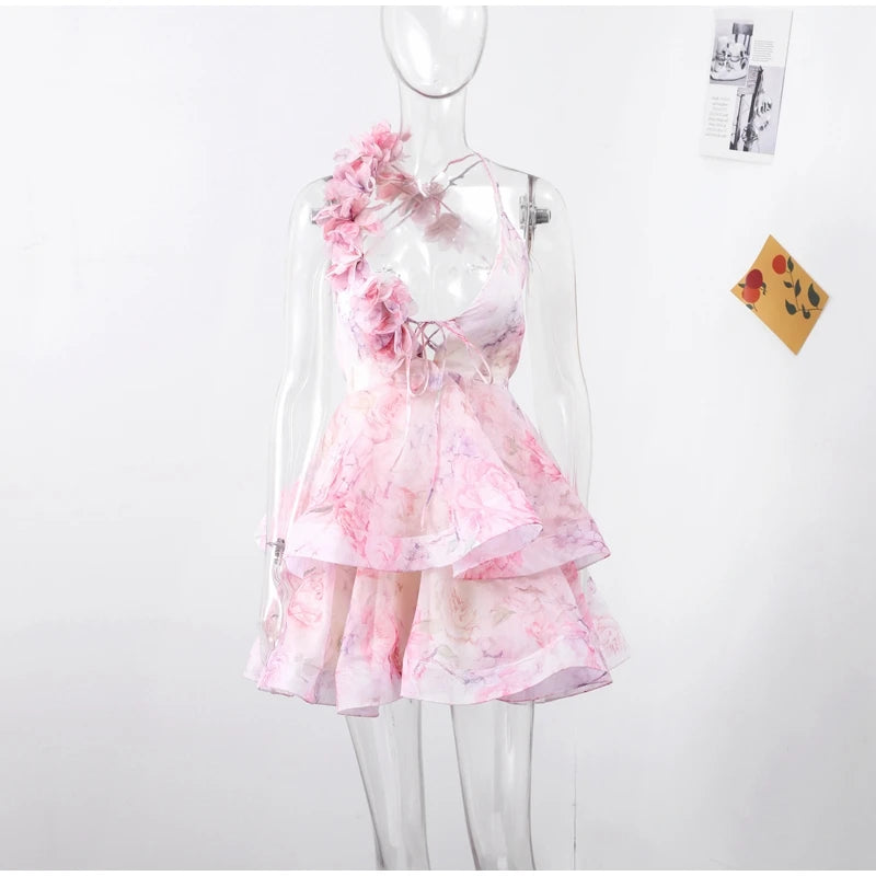 Backless Party Dress Women Elegant 3D Flower Print Sling Lace Up Ruffle A-line Mini Evening Dresses Female 2025 Summer Swimwears - Smarsty