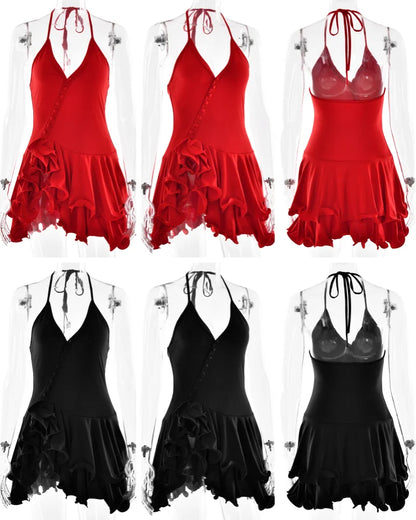 Absobe Women's A-Line Bodycon Mini Dress Ruffle Hem V-Neck Asymmetrical Buttons Long Sleeve Short Dress Party Streetwear Outfits - Smarsty