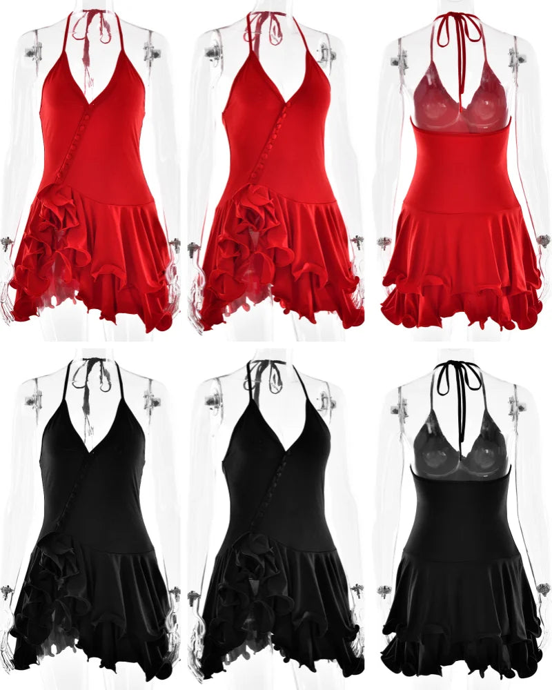 Absobe Women's A-Line Bodycon Mini Dress Ruffle Hem V-Neck Asymmetrical Buttons Long Sleeve Short Dress Party Streetwear Outfits - Smarsty