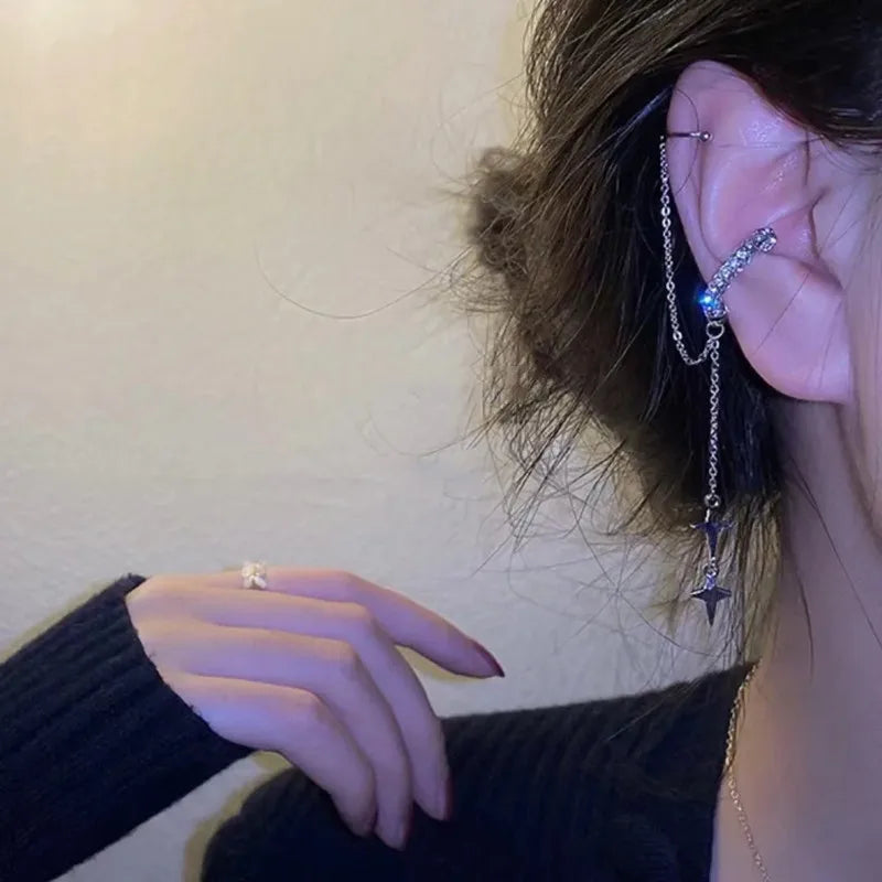 Shiny Silver Crystal Tassel Non-Piercing Ear Clip Earrings - Smarsty