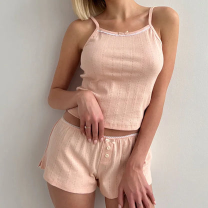 Retro Fairy Coquette Y2K Pajamas Outfits Comfy 2 Piece Set Loungewear Women Sexy V Neck Spaghetti Strap Camis Crop Tops + Shorts - Smarsty