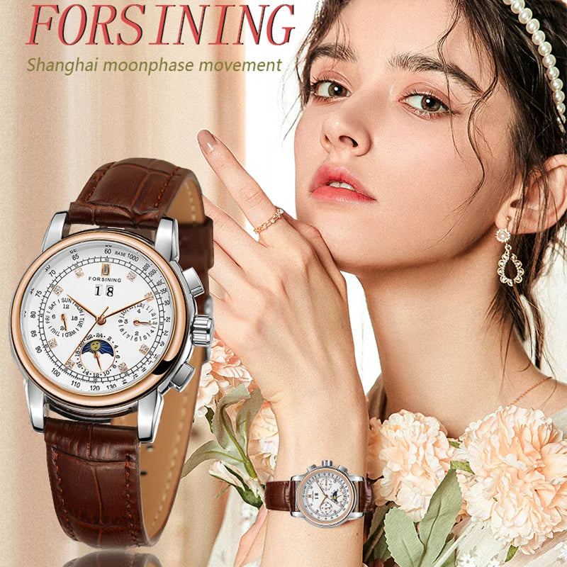 Luxury Women's Automatic Mechanical Wrist Watch with Diamond Moon Phase - Smarsty