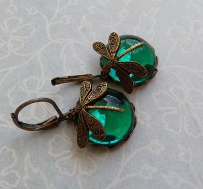 Vintage Bronze Dragonfly Drop Earrings with Moonstone Accent - Smarsty