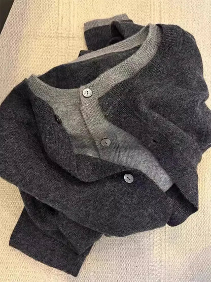 Fake two 100% pure cashmere sweater cardigan dark grey high-grade wool knit coat top - Smarsty