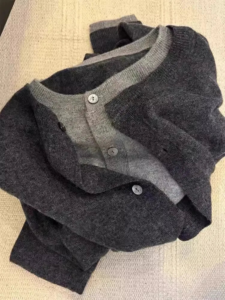 Fake two 100% pure cashmere sweater cardigan dark grey high-grade wool knit coat top - Smarsty