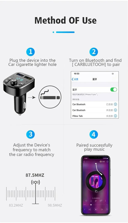 Car Bluetooth FM Transmitter Dual USB Fast Charger - Smarsty