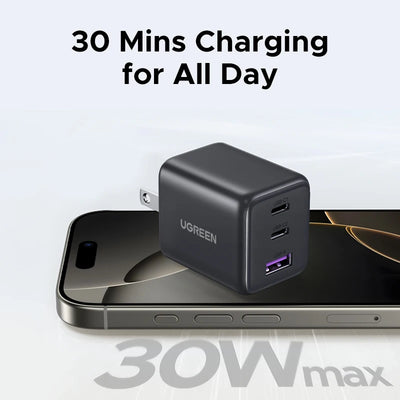 【US Plug】UGREEN 20W 30W GaN Charger Mini PD 3.0 USB C Phone Charger For iPhone 16 15 14 Pro Samsung S25 Xiaomi Tablet iPad Air - Smarsty