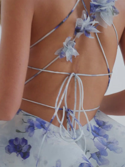 Backless Party Dress Women Elegant 3D Flower Print Sling Lace Up Ruffle A-line Mini Evening Dresses Female 2025 Summer Swimwears - Smarsty