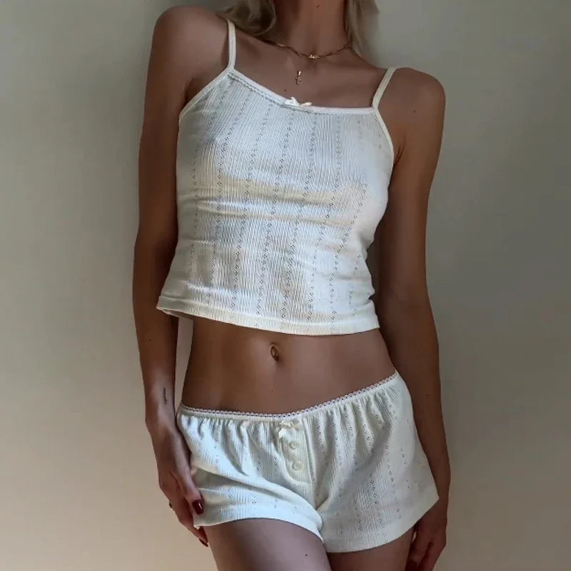 Retro Fairy Coquette Y2K Pajamas Outfits Comfy 2 Piece Set Loungewear Women Sexy V Neck Spaghetti Strap Camis Crop Tops + Shorts - Smarsty