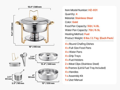 SucceBuy 4 Pack Chafing Dish Buffet Set Stainless Steel Chafer w/4 Full Size Pan Round Catering Warmer Server for Party Banquets - Smarsty