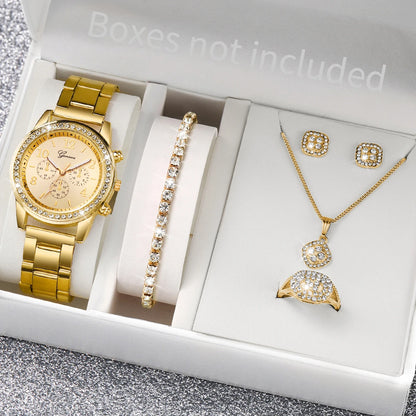 6PCS Women's Rhinestone Quartz Watch Jewelry Set - Smarsty