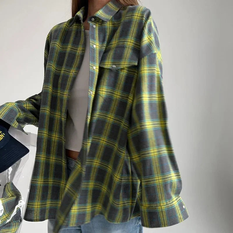 Oversized Plaid Shirt Autumn Winter Women Vintage Long Sleeve Fashion Loose Lapel Pocket Shirt Fit Blouse Korean Style - Smarsty