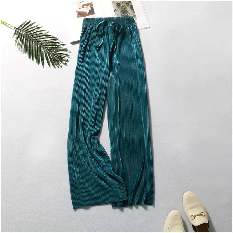 Women Fashion Summer Wide Leg Pants Pleated Ice Silk Trousers Elastic Waist Loose Casual Pants - Smarsty