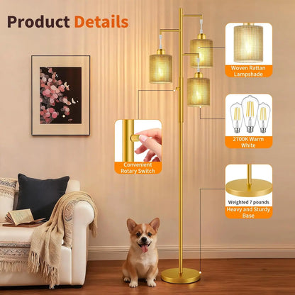 all Dimmable Rattan Floor Lamp with Beige Shade, Industrial Tree Design for Living Room, Bedroom, Office - Includes 3 LED Bulbs