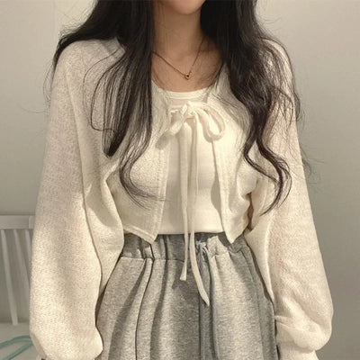 White Knitted Cardigan for Women Summer Thin Sunscreen Lace-Up Knitwear Tops Female Fashion Korean Lantern Sleeve Short Coat - Smarsty