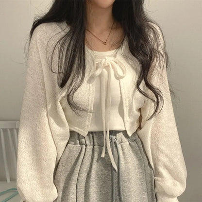 White Knitted Cardigan for Women Summer Thin Sunscreen Lace-Up Knitwear Tops Female Fashion Korean Lantern Sleeve Short Coat - Smarsty