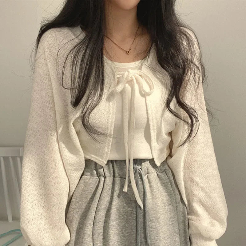 White Knitted Cardigan for Women Summer Thin Sunscreen Lace-Up Knitwear Tops Female Fashion Korean Lantern Sleeve Short Coat - Smarsty