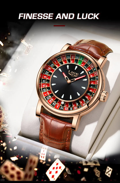 LIGE Waterproof Brown Leather Men's Roulette Watch - Smarsty