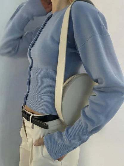Tossy Autumn Fashion Knitwear Cardigan Top Women's Ribbed Patchwork Slim Casual Cropped Inner Top Women's Knit Cardigan Outwear - Smarsty