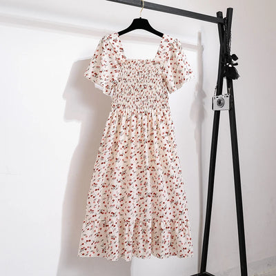 Spring Summer Chiffon Dress Women Midi DressesFemale Short Sleeve Elastic Waist Printed Floral Pleated Backless Casual Dress - Smarsty
