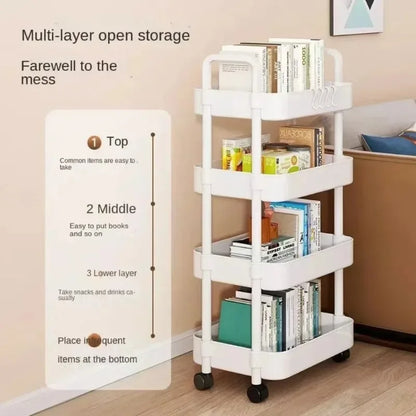 Home kitchen bathroom small cart storage rack, multi-layer snack book, movable with wheels, floor standing storage rack