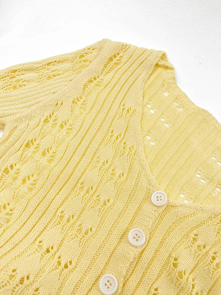 TARUXY Hollow Knitted Cardigan Women's Solid Long Sleeve V Neck Short Sweater Top Summer 2025 New Female Crochet Casual Outwear