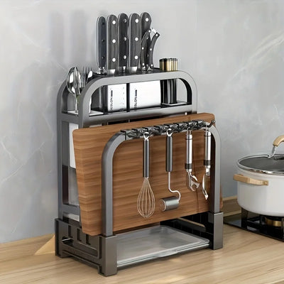 1pc Stainless Steel Knife Holder Kitchen Rack Home Countertop Cutting Board Rack Cutting Board Knife Integrated Storage Rack by Smarsty