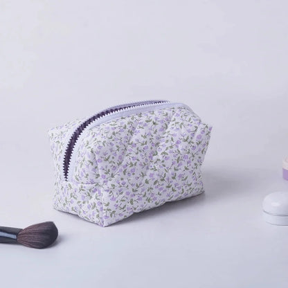 Storage Organizer Floral Puffy Quilted Makeup Bag Flower Printed Cosmetic Pouch Large Travel Cosmetic Bag Makeup Accessory - Smarsty