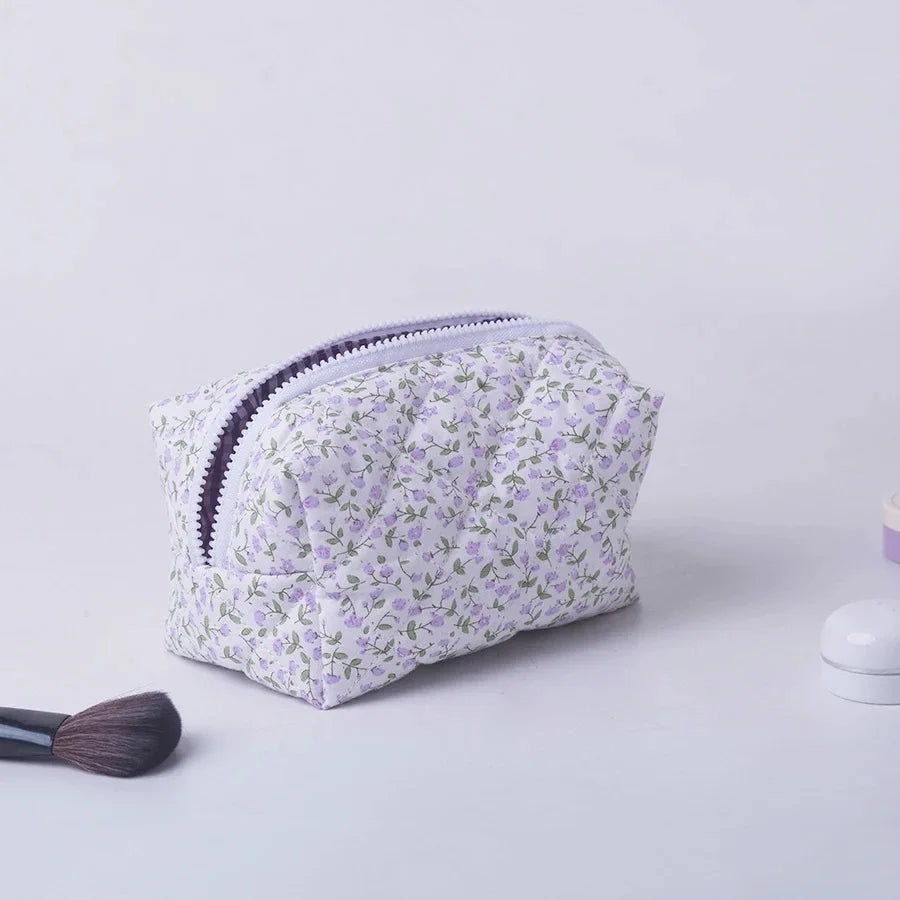 Storage Organizer Floral Puffy Quilted Makeup Bag Flower Printed Cosmetic Pouch Large Travel Cosmetic Bag Makeup Accessory - Smarsty